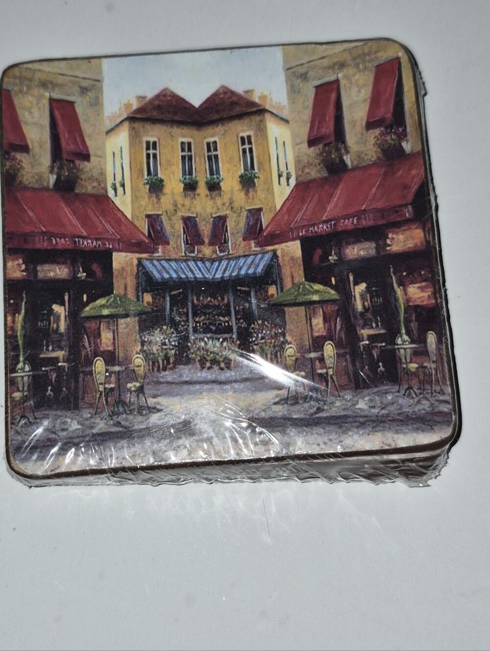 New Sealed 4 By 4 Parisian Cafe Coaster Set - Scenic Artwork Cork Back